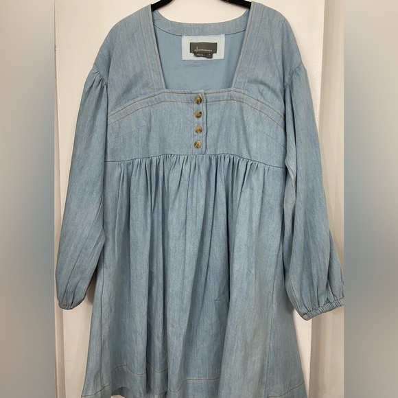 Anthropologie Long Sleeve Square Neck Denim Mini Babydoll Dress Blue Size Small - Picture 6 of 9
